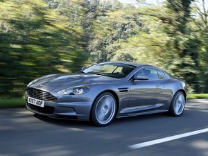 Preview wallpaper aston martin, dbs, 2008, gray, side view, sports, cars, trees