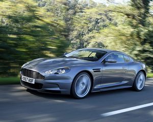 Preview wallpaper aston martin, dbs, 2008, gray, side view, sports, cars, trees