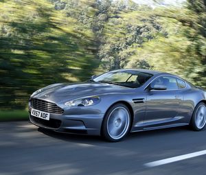 Preview wallpaper aston martin, dbs, 2008, gray, side view, sports, cars, trees