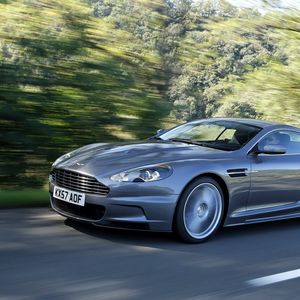 Preview wallpaper aston martin, dbs, 2008, gray, side view, sports, cars, trees