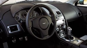 Preview wallpaper aston martin, dbs, 2008, black, salon, interior, steering wheel, speedometer