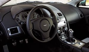 Preview wallpaper aston martin, dbs, 2008, black, salon, interior, steering wheel, speedometer