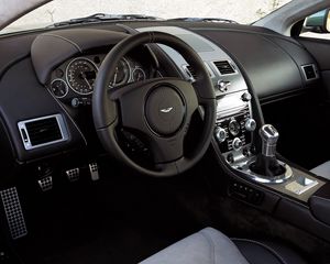 Preview wallpaper aston martin, dbs, 2008, black, salon, interior, steering wheel, speedometer