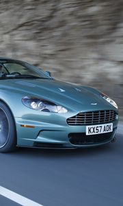 Preview wallpaper aston martin, dbs, 2008, green, side view, rock, auto