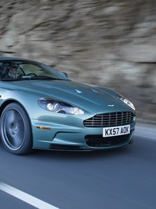 Preview wallpaper aston martin, dbs, 2008, green, side view, rock, auto