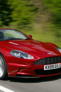 Preview wallpaper aston martin, dbs, 2009, red, side view, speed, trees, cars