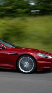 Preview wallpaper aston martin, dbs, 2009, red, side view, cars, speed, nature