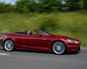 Preview wallpaper aston martin, dbs, 2009, red, side view, cars, speed, nature