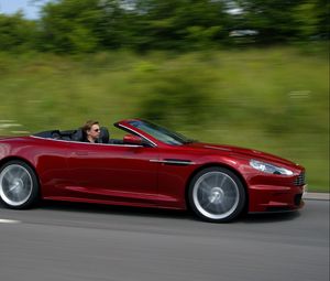 Preview wallpaper aston martin, dbs, 2009, red, side view, cars, speed, nature