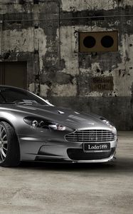 Preview wallpaper aston martin, dbs, 2009, gray, side view, cars, building