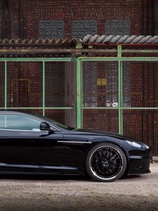 Preview wallpaper aston martin, dbs, 2009, black, side view, cars, building