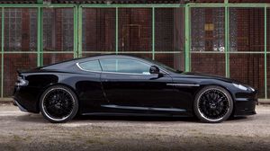 Preview wallpaper aston martin, dbs, 2009, black, side view, cars, building