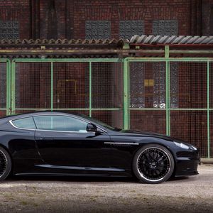 Preview wallpaper aston martin, dbs, 2009, black, side view, cars, building