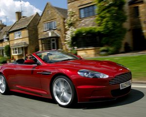 Preview wallpaper aston martin, dbs, 2009, red, side view, cars, houses, grass