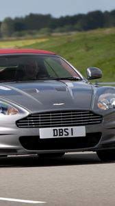 Preview wallpaper aston martin, dbs, 2009, gray metallic, front view, cars, nature