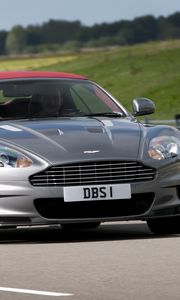 Preview wallpaper aston martin, dbs, 2009, gray metallic, front view, cars, nature