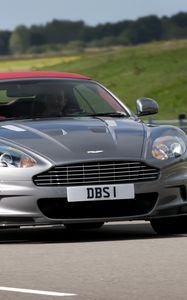 Preview wallpaper aston martin, dbs, 2009, gray metallic, front view, cars, nature