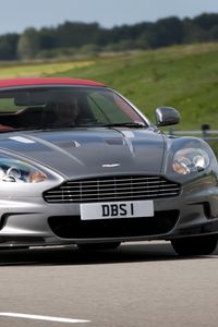 Preview wallpaper aston martin, dbs, 2009, gray metallic, front view, cars, nature