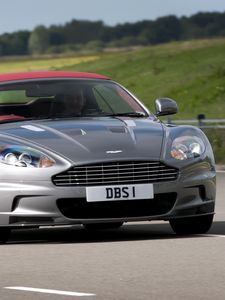 Preview wallpaper aston martin, dbs, 2009, gray metallic, front view, cars, nature