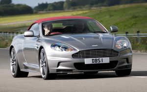 Preview wallpaper aston martin, dbs, 2009, gray metallic, front view, cars, nature