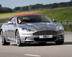 Preview wallpaper aston martin, dbs, 2009, gray metallic, front view, cars, nature