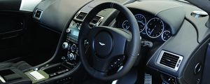 Preview wallpaper aston martin, dbs, 2010, black, salon, interior, steering wheel, speedometer