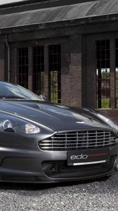 Preview wallpaper aston martin, dbs, 2010, gray metallic, front view, cars, building