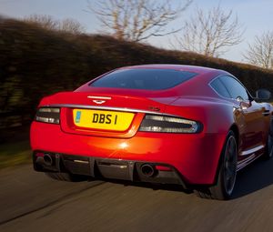 Preview wallpaper aston martin, dbs, 2011, red, auto, rear view, sport, speed
