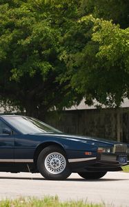 Preview wallpaper aston martin, lagonda, 1976, blue, side view, cars, nature