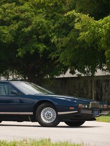 Preview wallpaper aston martin, lagonda, 1976, blue, side view, cars, nature