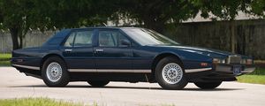 Preview wallpaper aston martin, lagonda, 1976, blue, side view, cars, nature