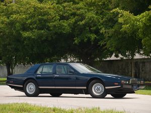 Preview wallpaper aston martin, lagonda, 1976, blue, side view, cars, nature