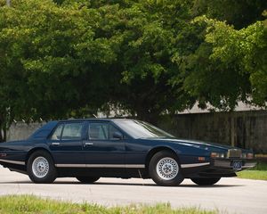 Preview wallpaper aston martin, lagonda, 1976, blue, side view, cars, nature