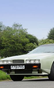 Preview wallpaper aston martin, lagonda, 1987, green, front view, retro, trees