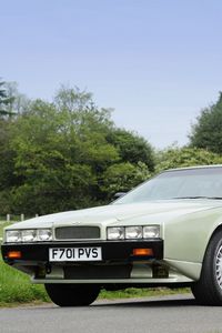 Preview wallpaper aston martin, lagonda, 1987, green, front view, retro, trees