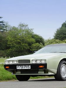 Preview wallpaper aston martin, lagonda, 1987, green, front view, retro, trees