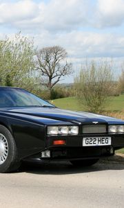 Preview wallpaper aston martin lagonda, 1987, black, side view, nature, asphalt