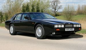 Preview wallpaper aston martin lagonda, 1987, black, side view, nature, asphalt