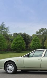 Preview wallpaper aston martin lagonda, 1987, green, side view, cars, sky, grass