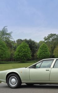 Preview wallpaper aston martin lagonda, 1987, green, side view, cars, sky, grass