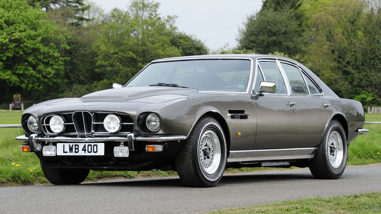 Wallpaper aston martin, lagonda, v8, 1974, gray, front view, rarity, cars, trees