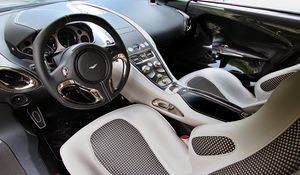 Preview wallpaper aston martin, one-77, 2009, salon, interior, steering wheel, speedometer