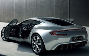 Preview wallpaper aston martin, one-77, 2009, silver metallic, side view, style, auto