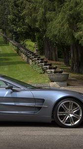 Preview wallpaper aston martin, one-77, 2009, metallic blue, side view, cars, nature