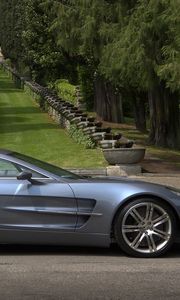 Preview wallpaper aston martin, one-77, 2009, metallic blue, side view, cars, nature