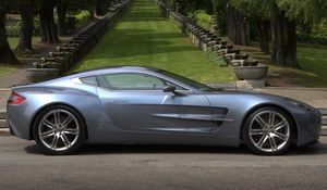 Preview wallpaper aston martin, one-77, 2009, metallic blue, side view, cars, nature