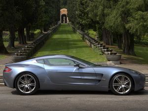 Preview wallpaper aston martin, one-77, 2009, metallic blue, side view, cars, nature