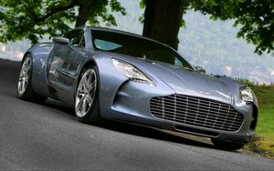 Preview wallpaper aston martin, one-77, 2009, blue, front view, nature