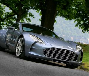 Preview wallpaper aston martin, one-77, 2009, blue, front view, nature