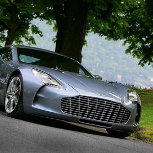 Preview wallpaper aston martin, one-77, 2009, blue, front view, nature